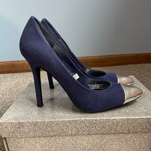 Blue Suede and Silver Toe Heels